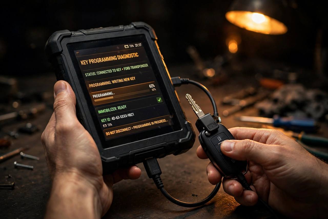 Car key programming equipment coding a transponder key to a vehicle's immobiliser in Longbridge